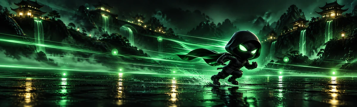 Betninja Casino mascot running across a wet floor with light trails